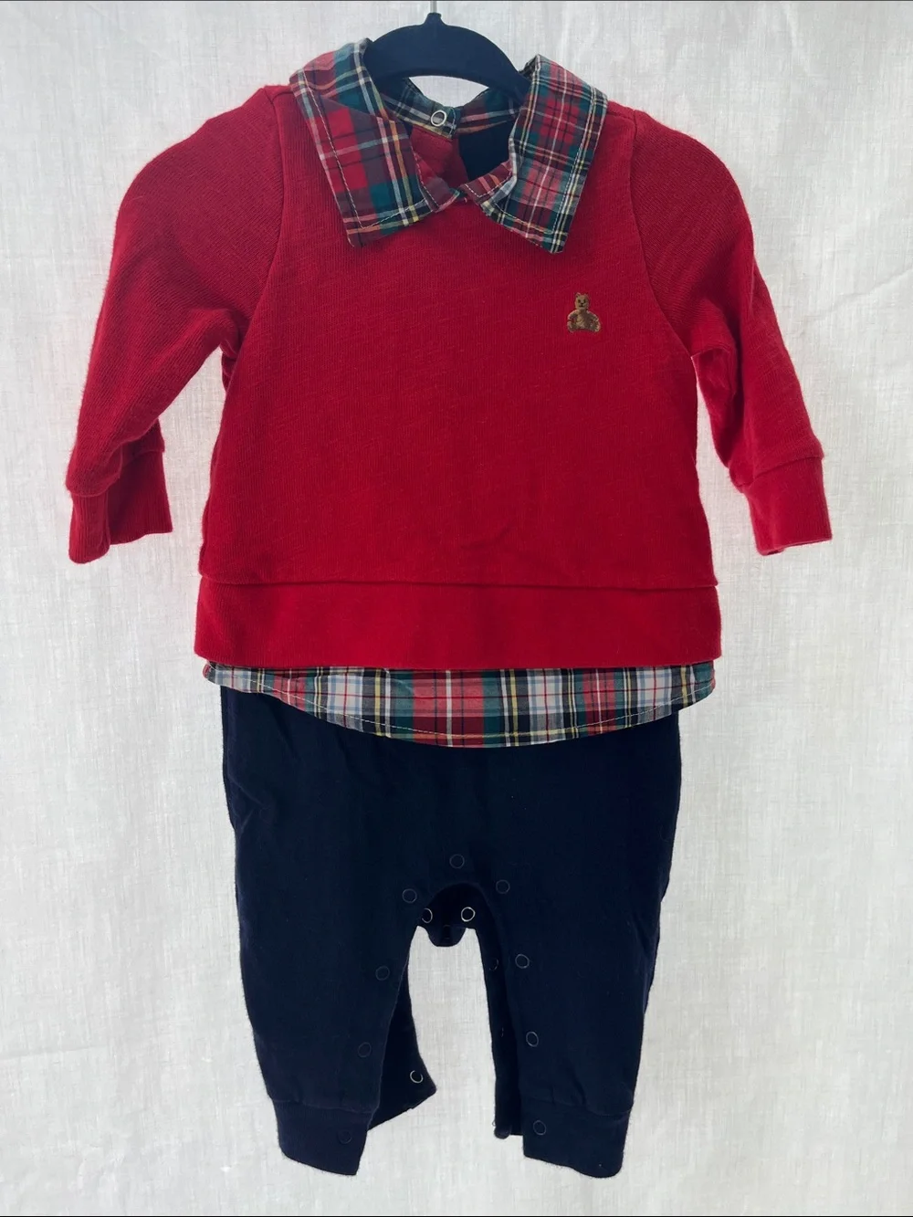 GAP Baby Red and Navy Snap-Front One Piece Outfit with Plaid Trim